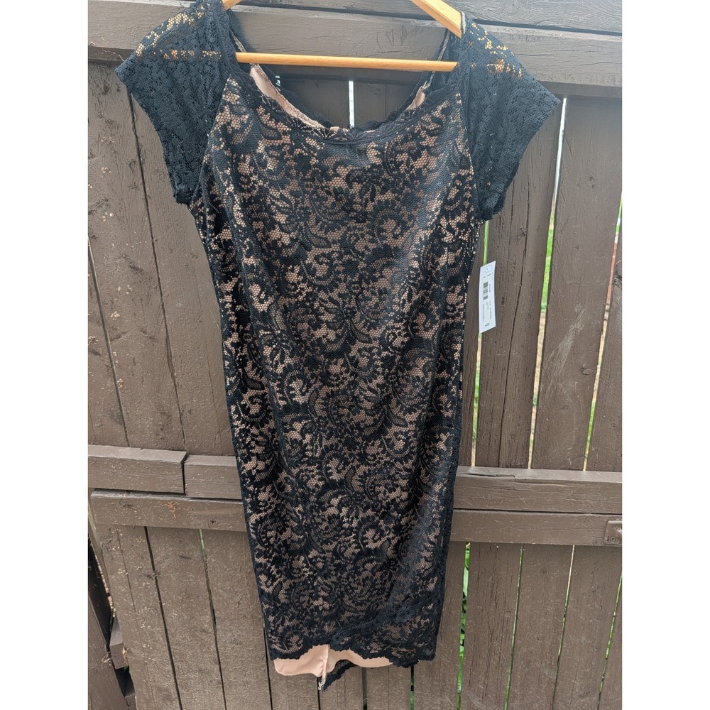 Bisou Bisou NWT Black Lace Nude Illusion Sheath Dress Size 14 Cocktail Party